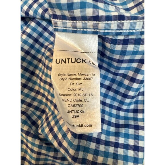 Untuckit Shirt Mens Large Navy Blue Teal Check Short Sleeve Slim Fit Manzanilla - Picture 4 of 9
